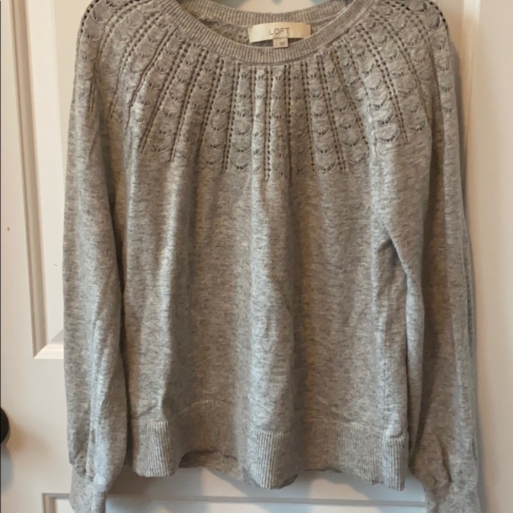 LOFT Grey Sweater with Open Weave at Neckline
